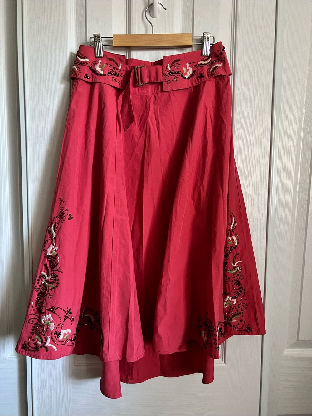 Vintage Boho Womens Cotton Floral Embroidered Beaded A-line Skirt With Belt S